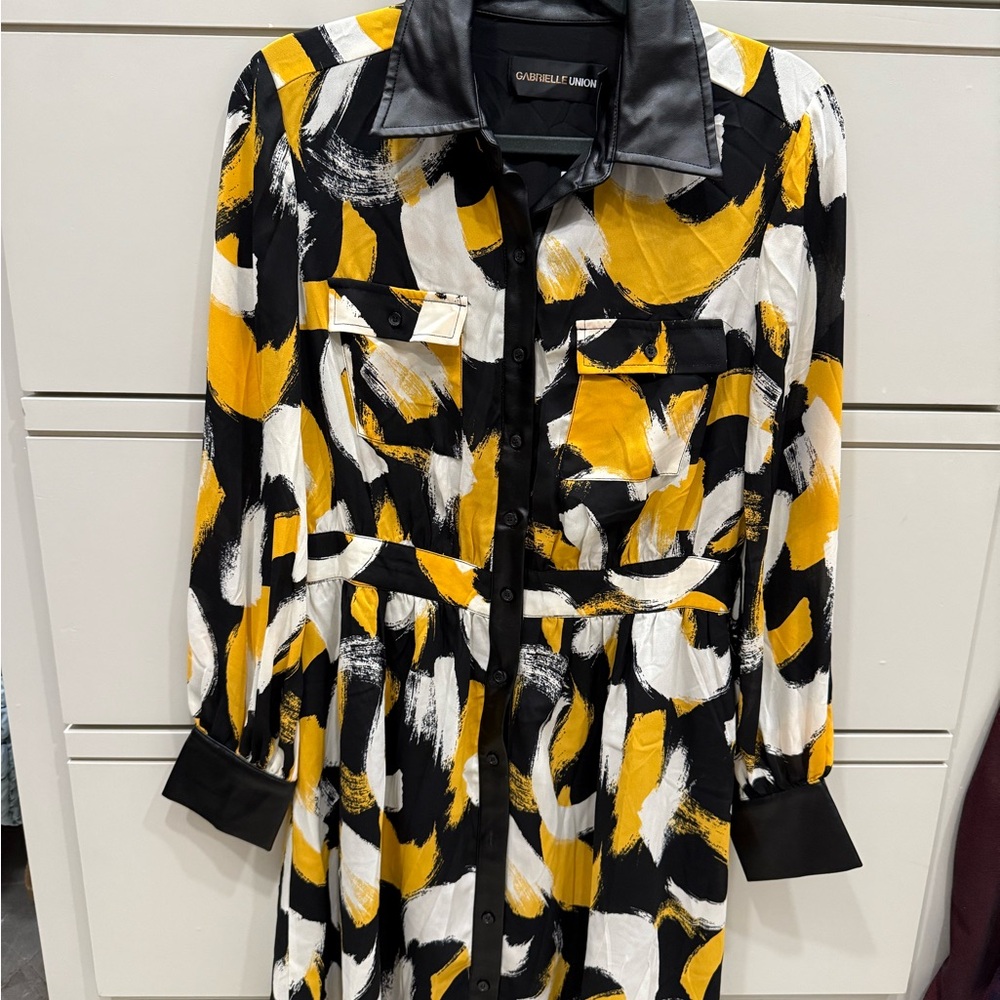 Gabrielle Union NY & Co Black and Yellow Patterned Dress with Vegan Leather - Picture 2 of 5